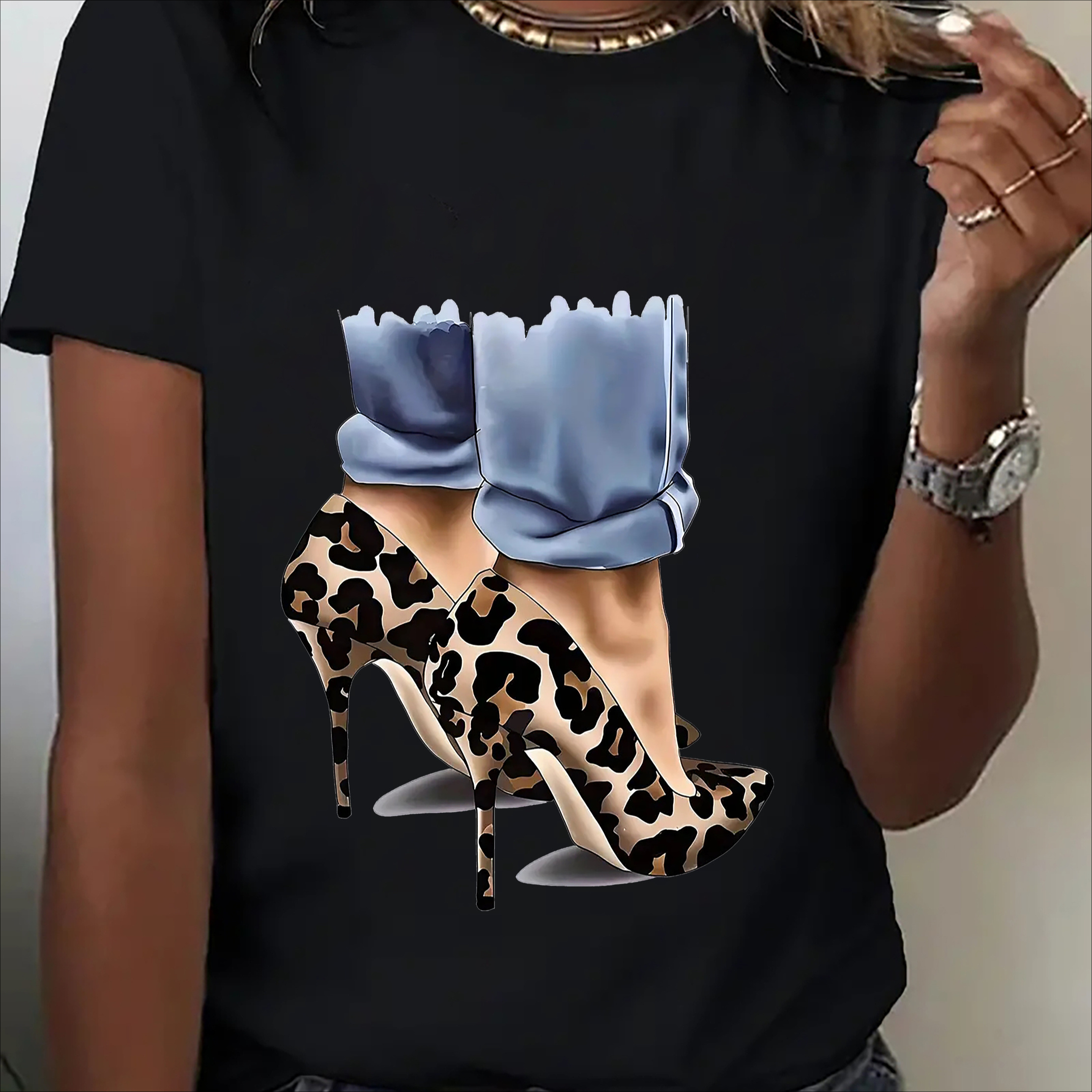 

Women' Casual Sports Shirt With Leopard Print And High Heel Print T-shirt