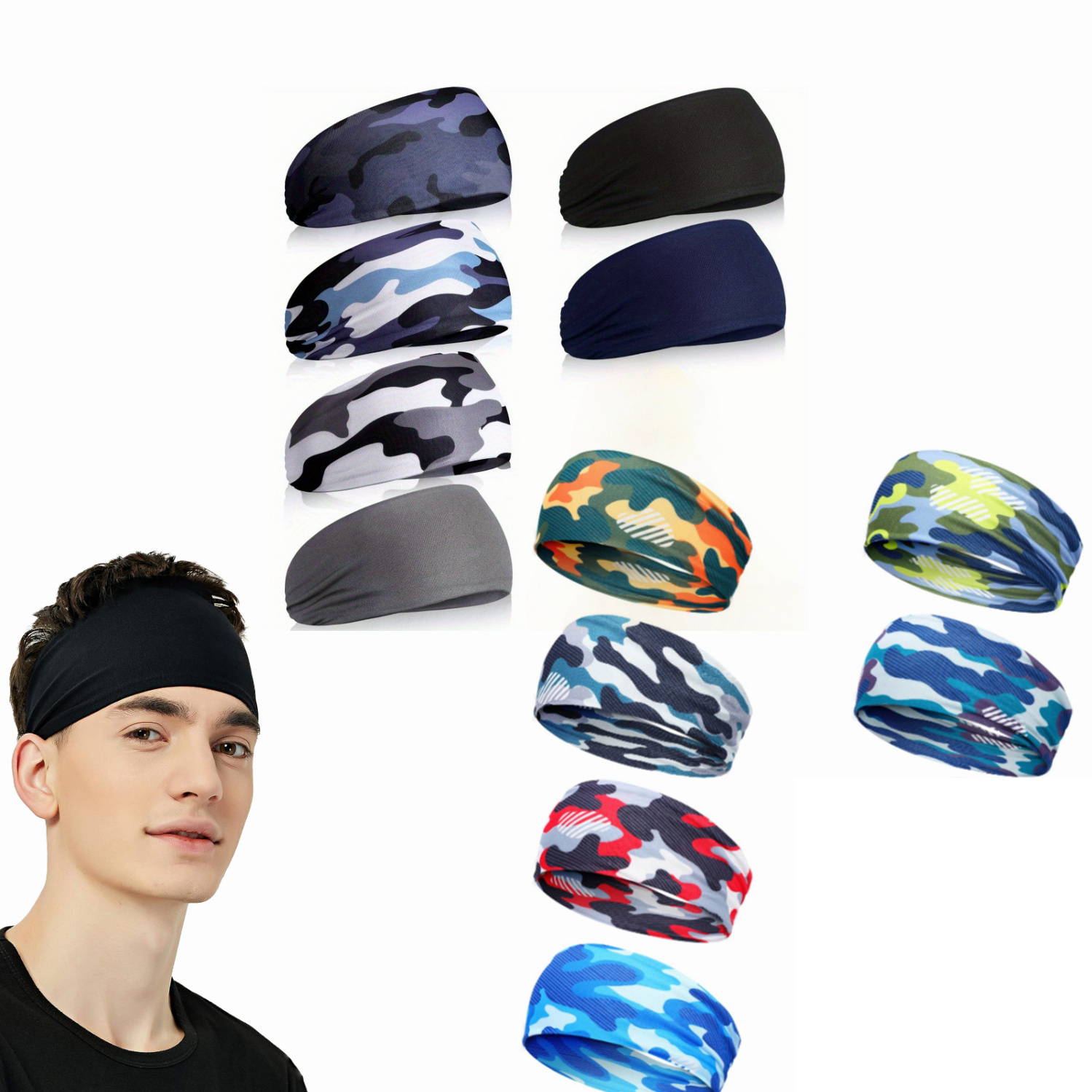 

12pcs Sports, Running, Yoga, Headband, Camouflage Headband, Headband, Sweat Wicking Headband, Tennis Headband,