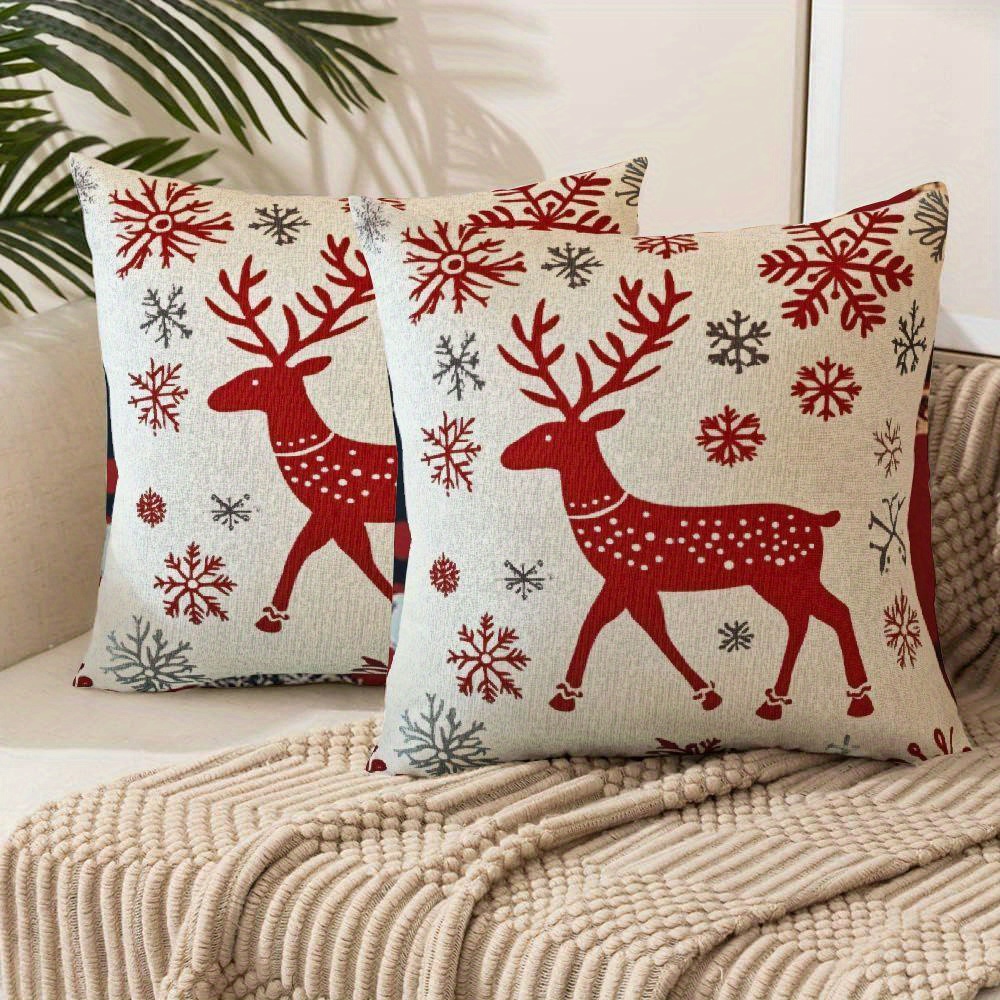 

2-pack Hemitong Christmas Red Throw Pillow Covers, Reindeer & Design, Traditional Style, Polyester, Machine Washable, Zippered Cushion Cases For Sofa Couch, Decor