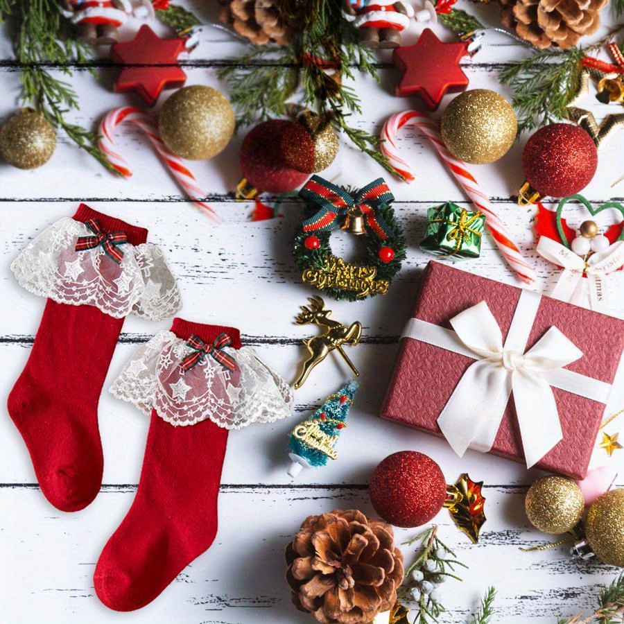 christmas dress socks lace ruffles red bows breathable - Temu