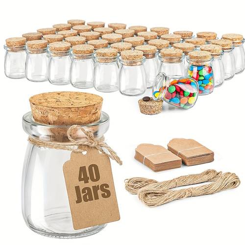40 stück kleine glasbonbongläser mit korkdeckeln, 3,4 unzen - für hochzeitsgeschenke, baby-shower-geschenke, party-leckereien, inklusive hanfseil und „nur für lebensmittelkontakt “-etiketten, hochzeitsgeschenk-gläser | rustikale hochzeitsdekoration | holzdeckel-gläser