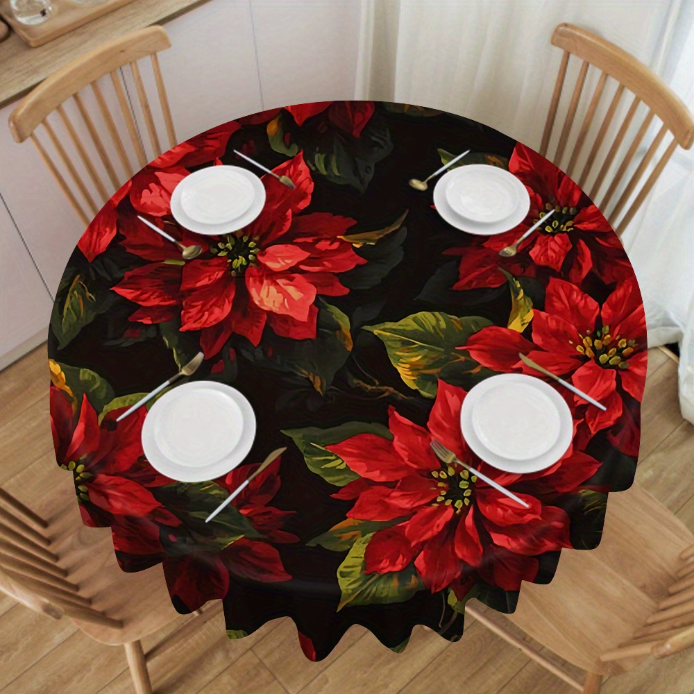 

1pc, Tablecloth, Christmas Floral Round Table Cloth, Digital Printing Modern Table Cover, Waterproof Polyester Holiday Design Table Cloth For Kitchen Picnic And Camping Desktop Decoration