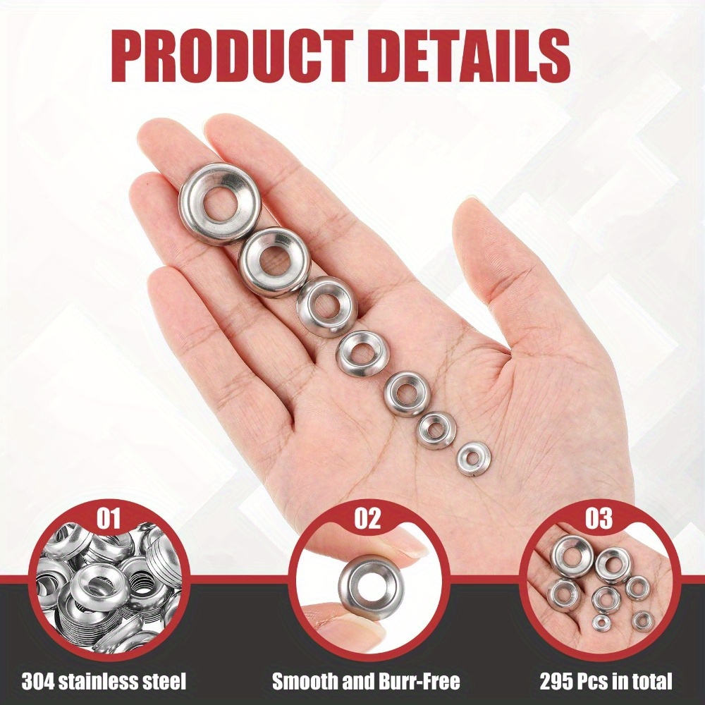 

Countersunk Washer Assortment Set 295pcs, 304 Stainless Steel Washers, #4#6#8#10#12#14#16 Finishing Countersunk Washer Cup Washer, 7 Sizes