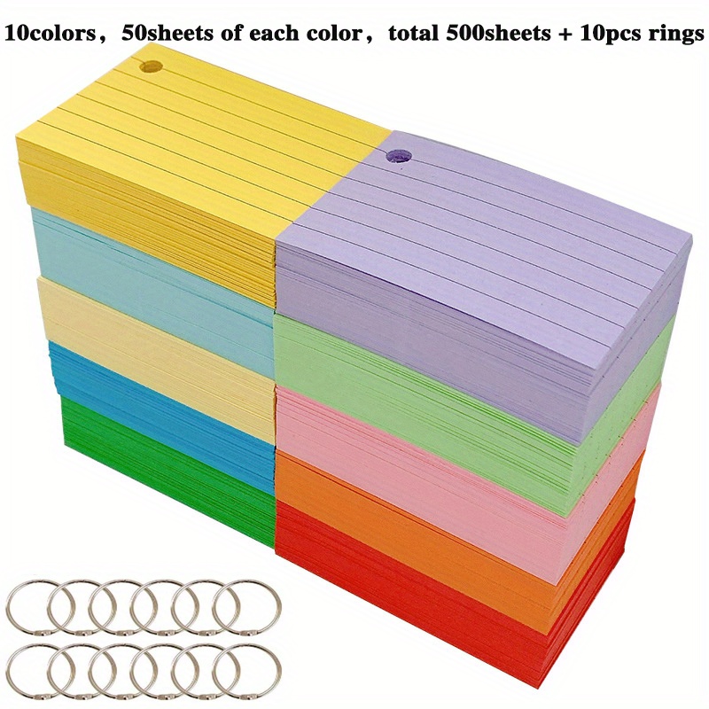 510pcs (500pcs Flash Cards With 10pcs Rings), Colored Index Cards With Lines, Measuring 3x2 Inch, Designed For Studying, Learning, And Taking School Notes. Paper Note Cards Come With