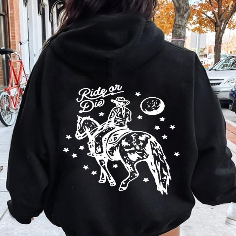 

Women's Polyester Casual Hoodie With Western Cowboy Applique, Alphabet Pattern – Knit Fabric, Hooded Pullover For Spring/fall