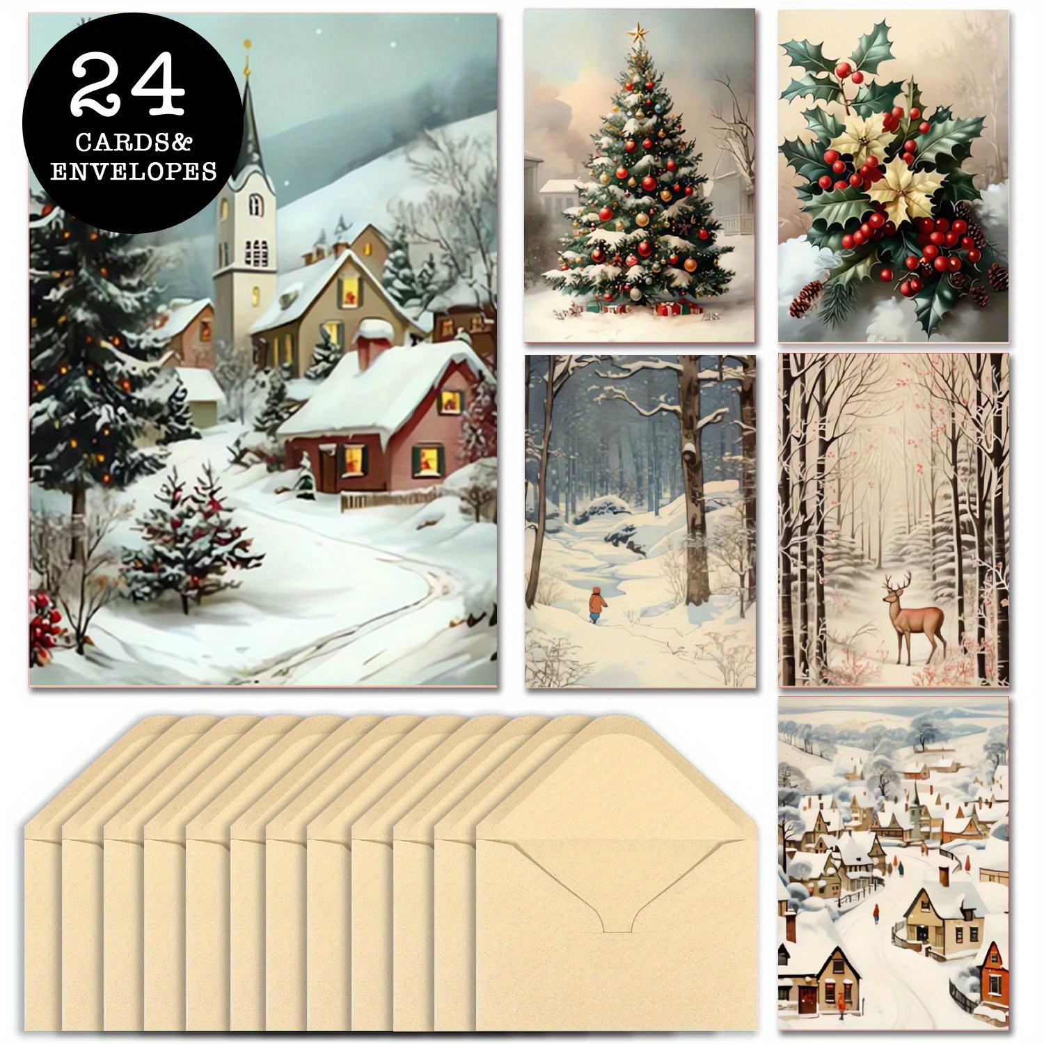 

24-piece Christmas Card Set With Envelopes - Vintage Scene Greetings For Family, Friends, Birthday, , Thanksgiving - 6