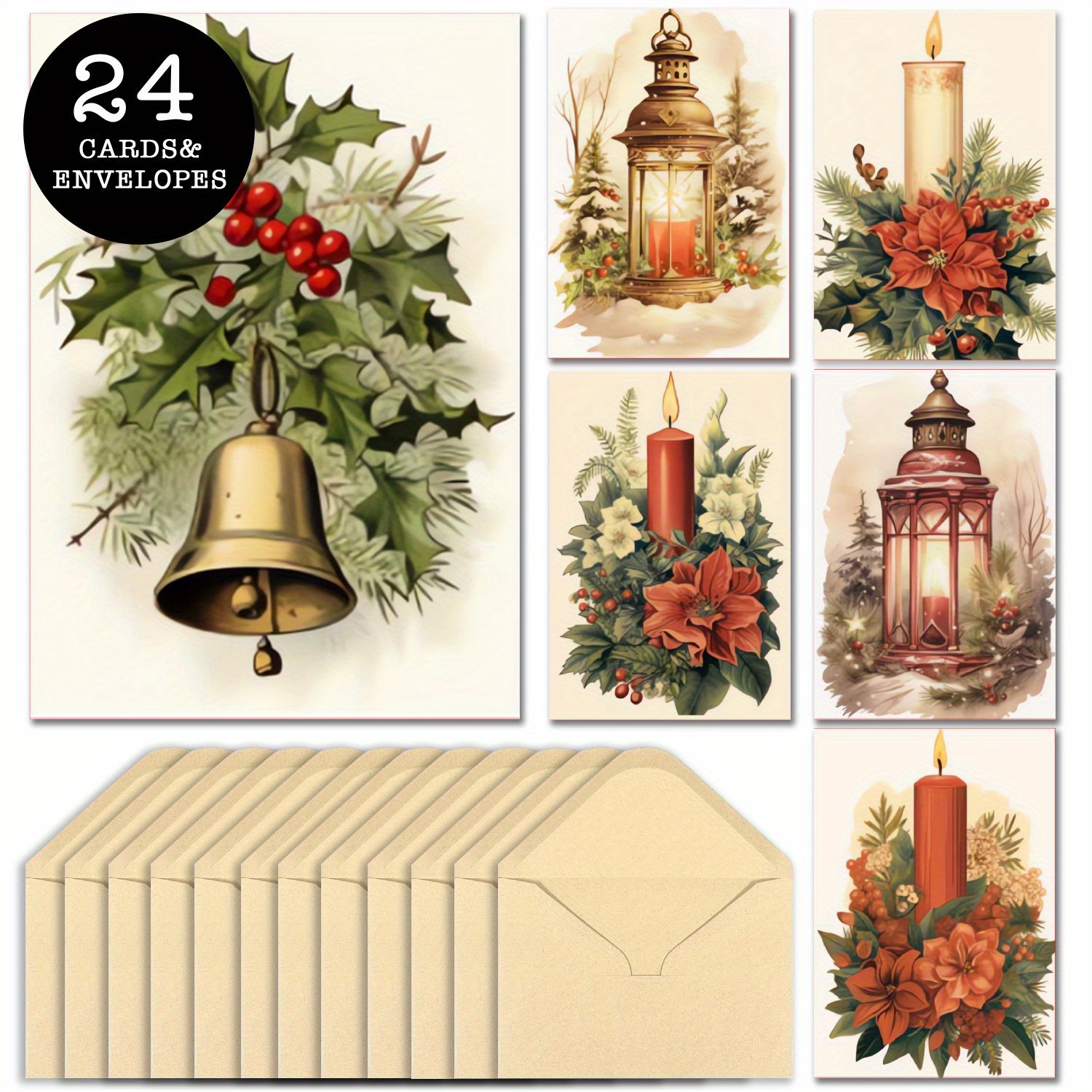 

24-pack Vintage-inspired Christmas Greeting Cards With Envelopes, Assorted Classic Candle And Bell , Friends, Holiday, Birthday, Halloween, And Thanksgiving