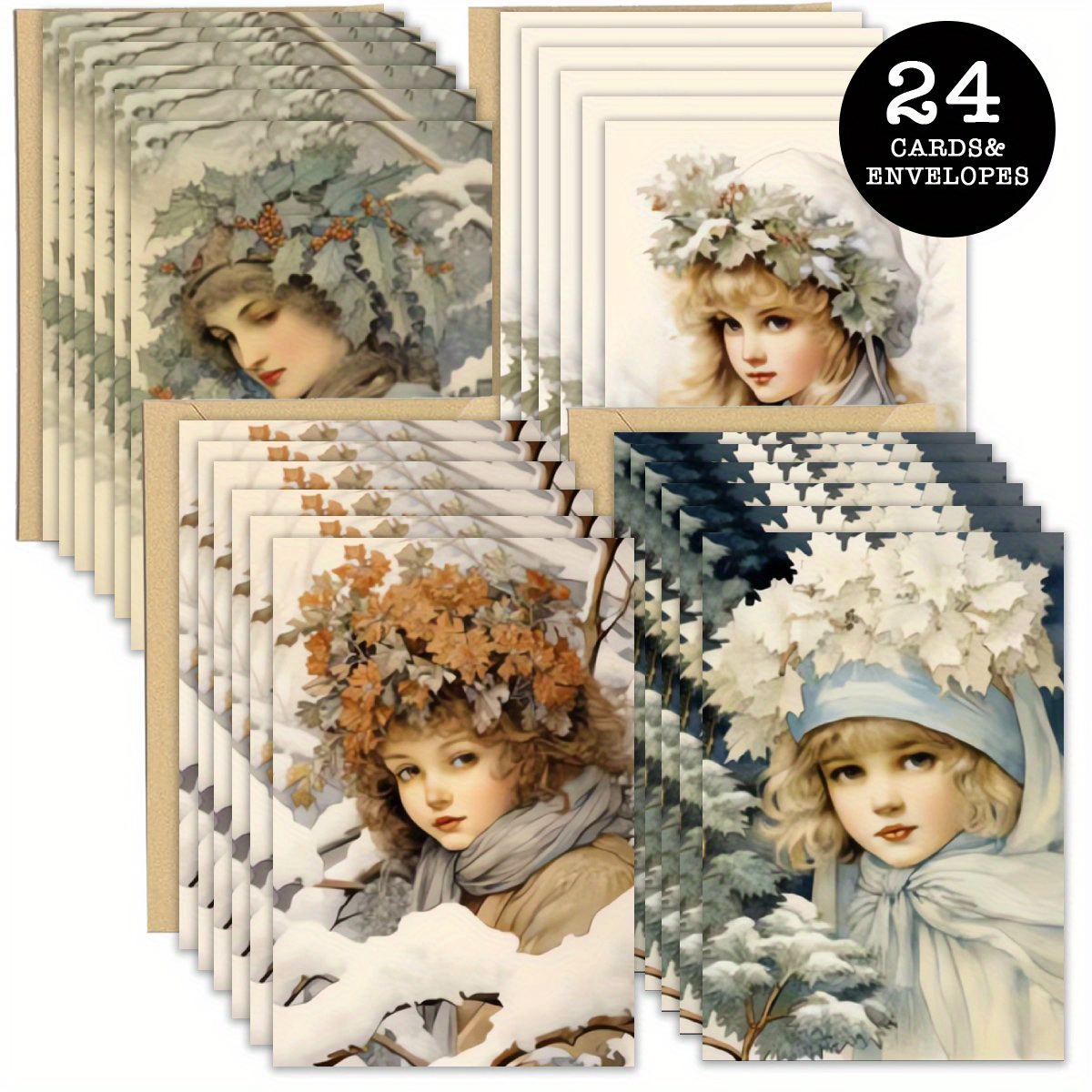 

24pcs Vintage Winter Snow Wreath Girl Christmas Card Set With Envelopes - , Birthdays, Halloween & Thanksgiving Gifts