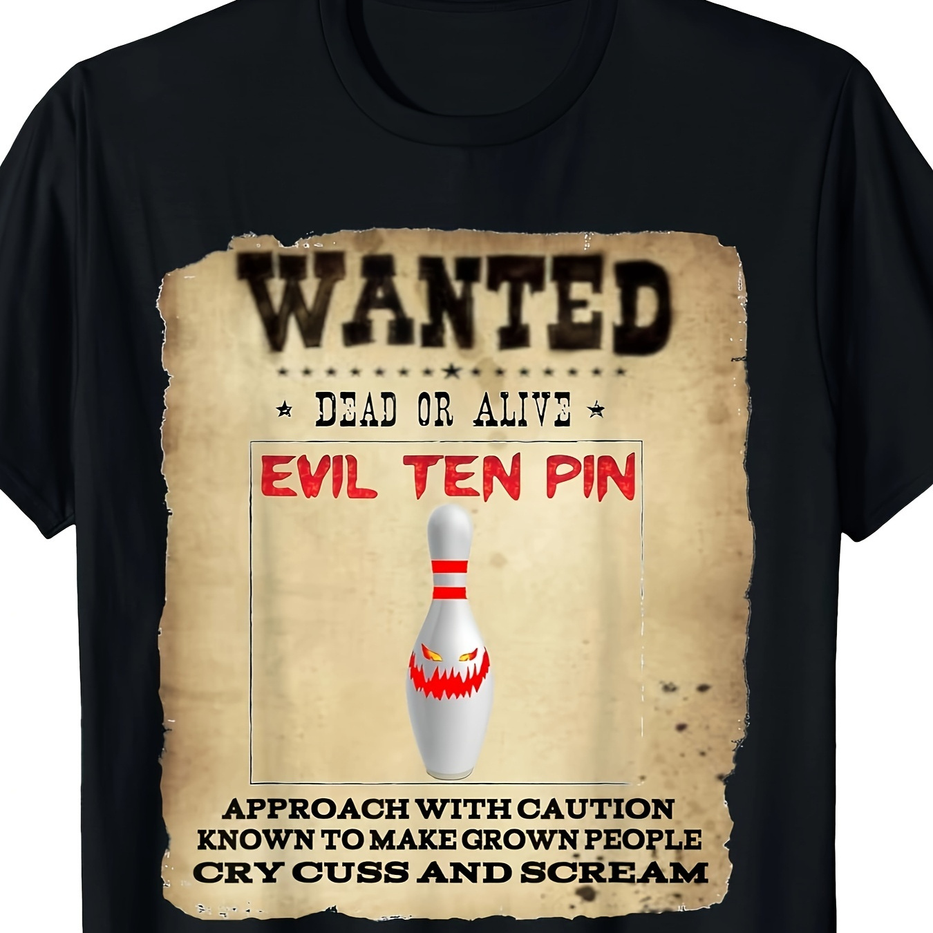 

Men's Breathable Cotton Crew Neck T-shirt - "evil Ten Pin" Bowling Graphic, Casual Short Sleeve Tee For & Sports, Machine Washable, Casual Wear Tee|vintage Poster Design|machine Washable Top