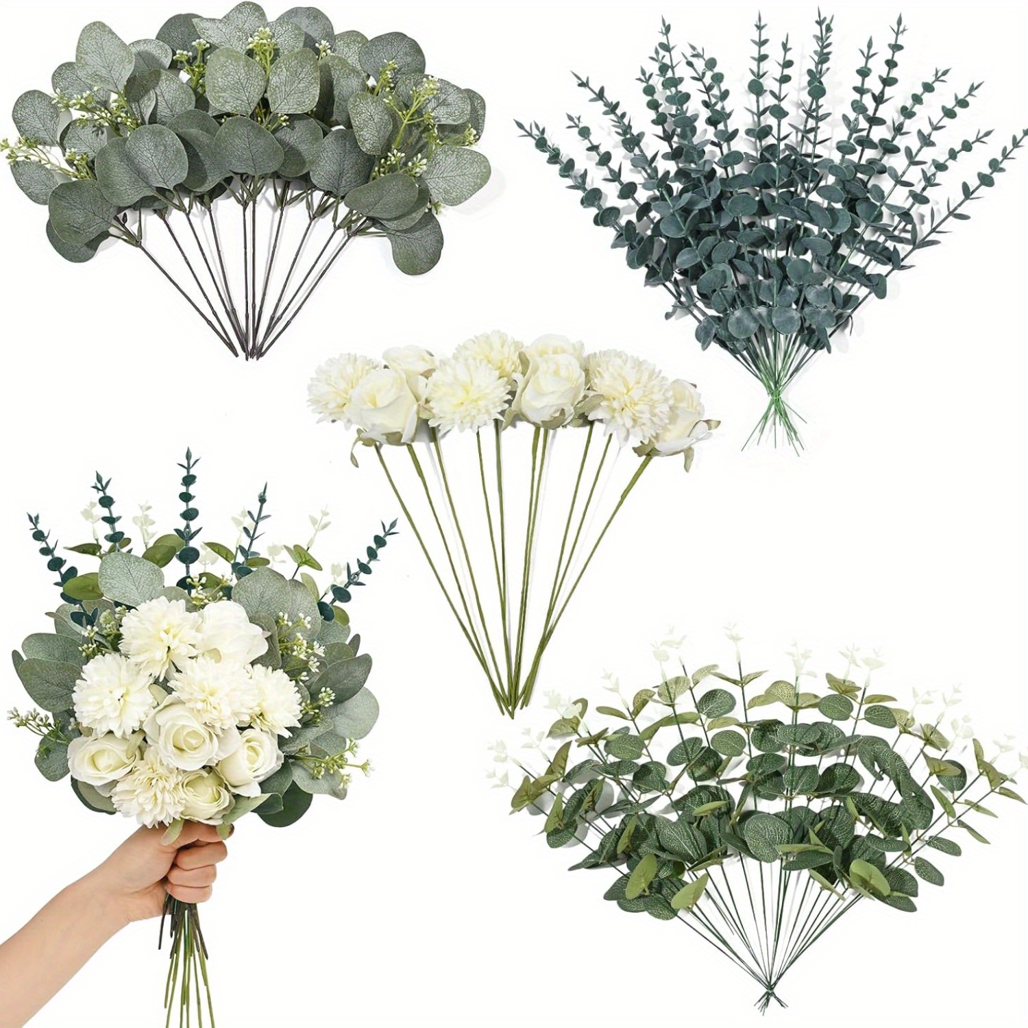 60/90/120/240pcs 5 Kinds Artificial Eucalyptus Stems and Faux Flowers, Mixed Fake Eucalyptus Stems Leaves Bulk, Silvery Dollar Eucalyptus Greenery Stems for Wedding Decor Vase Floral Arrangement Centerpiece