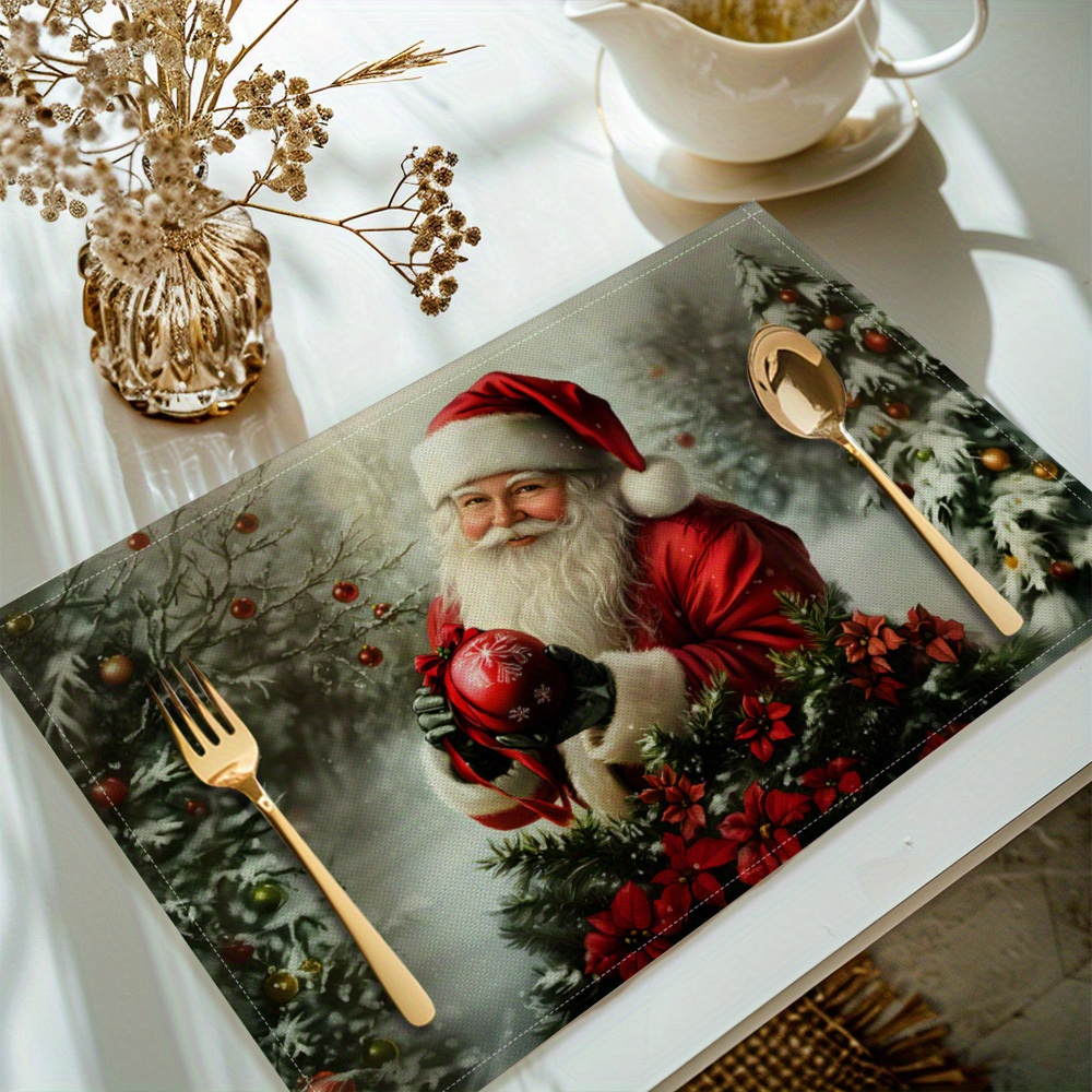 

4-piece Christmas Santa Placemat Set - Polyester Woven Rectangle Table Mats With Santa Claus Print, Machine Washable, Kitchen Dining Decor