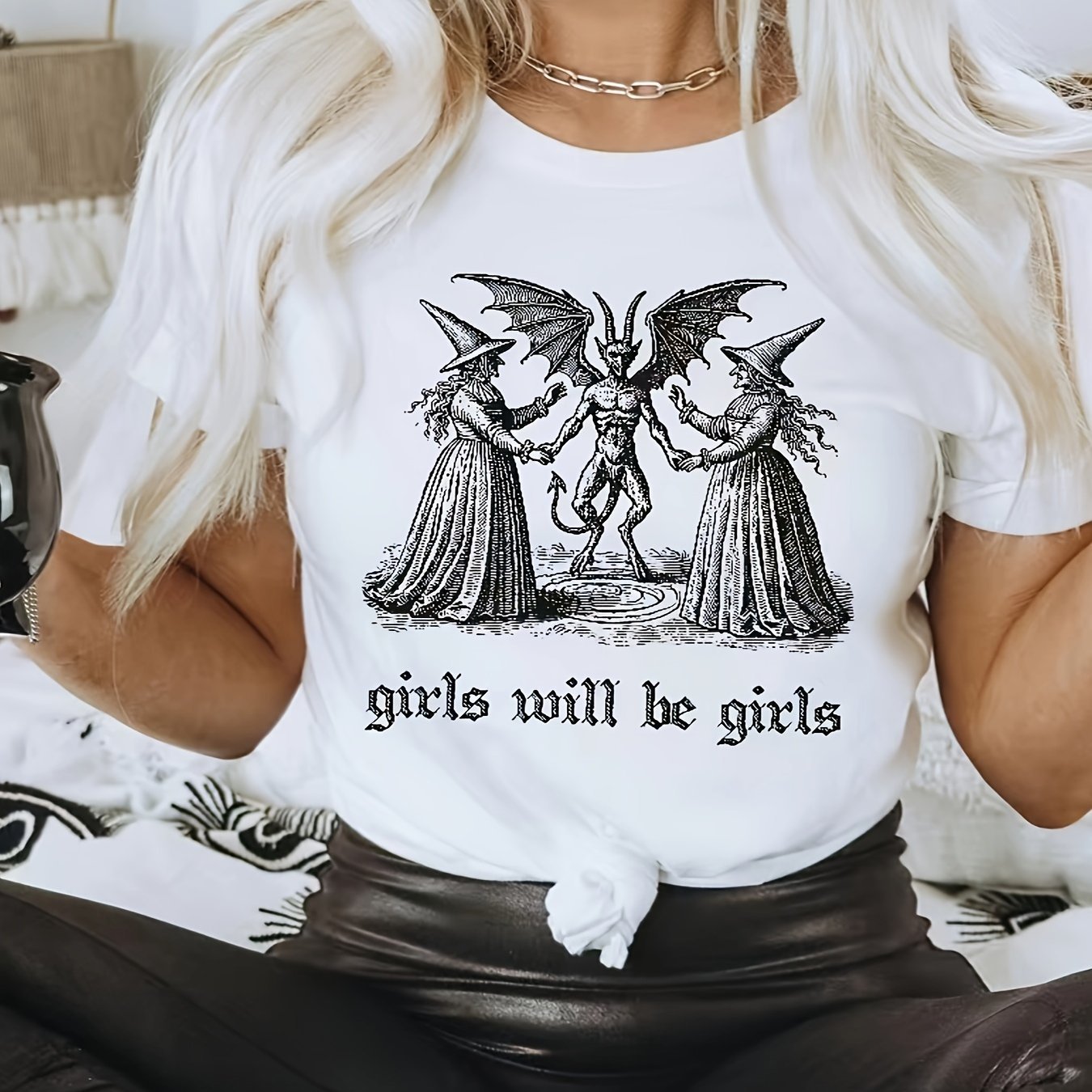 

Women's 100% Cotton T-shirt, "girls Girls" Graphic, Vintage Spooky Aesthetic, Casual Round Neck, Stretch Knit Fabric, All , Tee