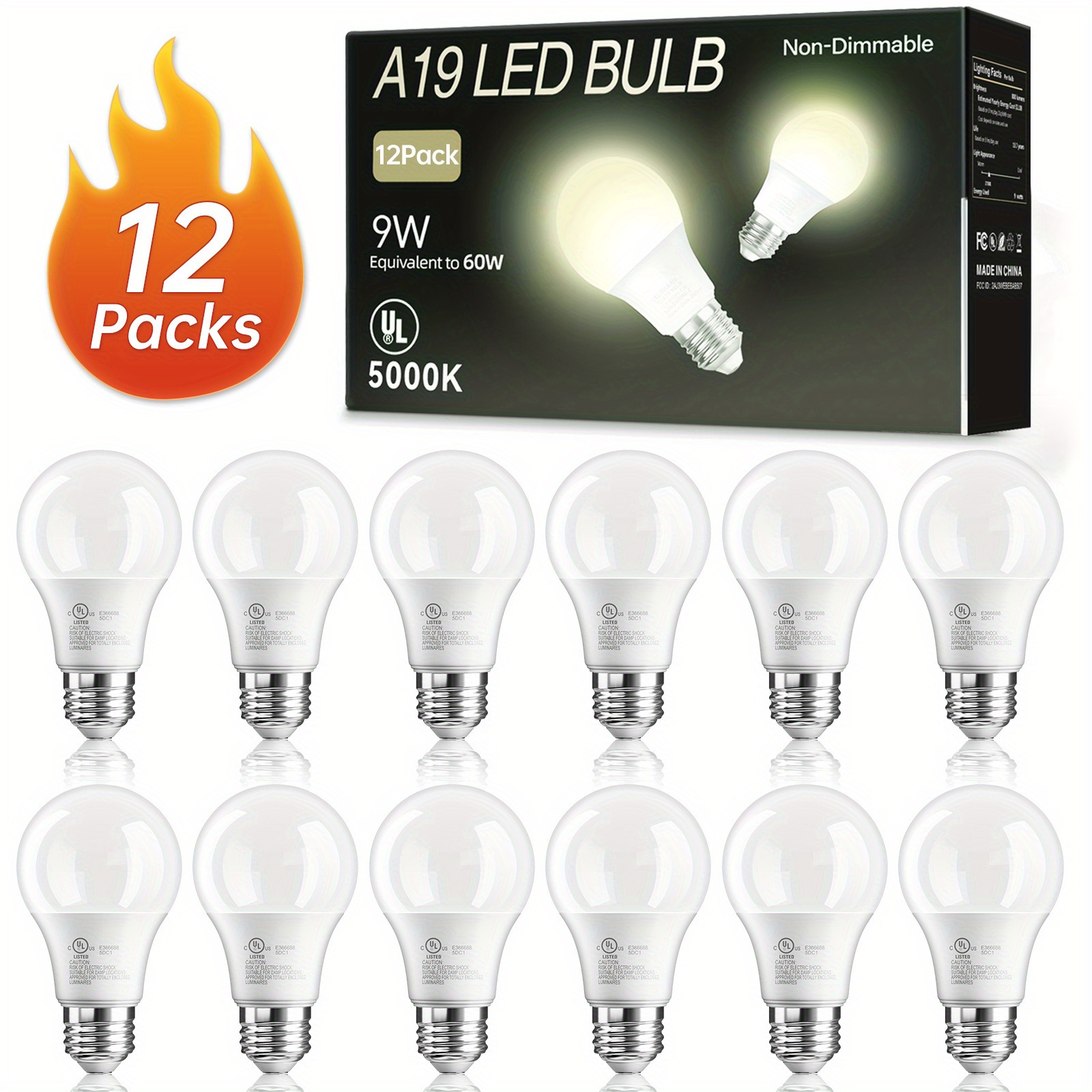 

12/ 24 Pack Of 5000k A19 E26 Led Bulbs, Light Effect, 800 , 80+ Cri, 15, 000 Hours, E26 Base, 60w Led Bulb, Non-dimmable, Bedroom, Living Room, And Home Décor.