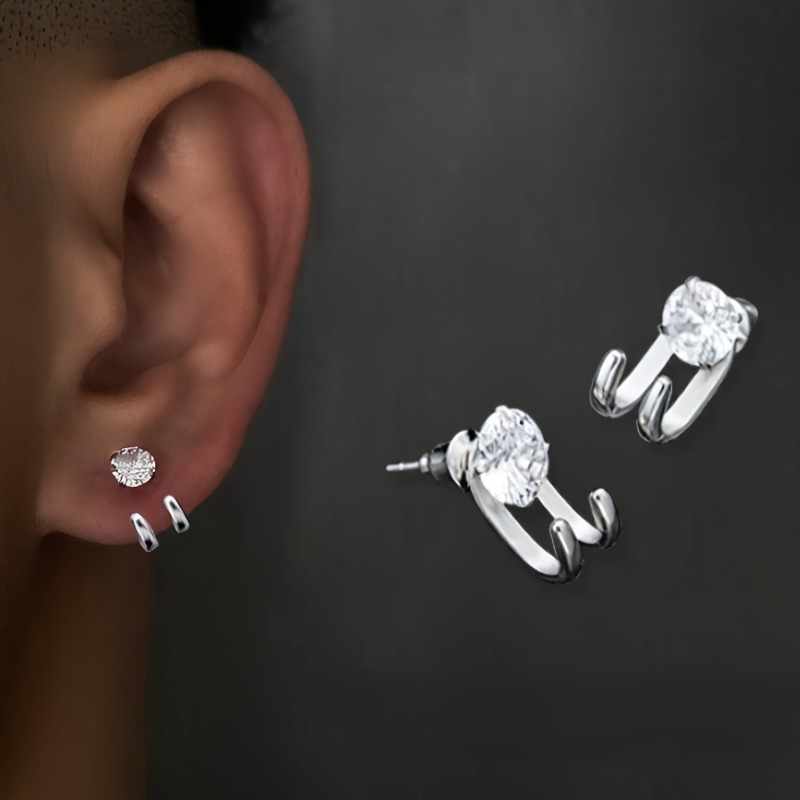 

2pcs/ Pair Stainless Steel Round Cubic Zirconia Stud Earrings, Men' Hook Stud Earrings