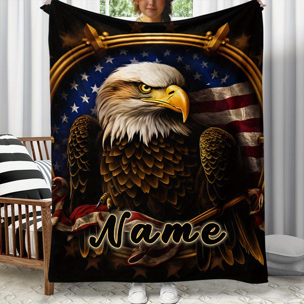 

1pc Customizable Eagle Design Polyester Throw Blanket - Personalized Name, Lightweight, Warm, Portable For Sofa, Bed, Travel, Camping - , No Feathers, Electricity-free