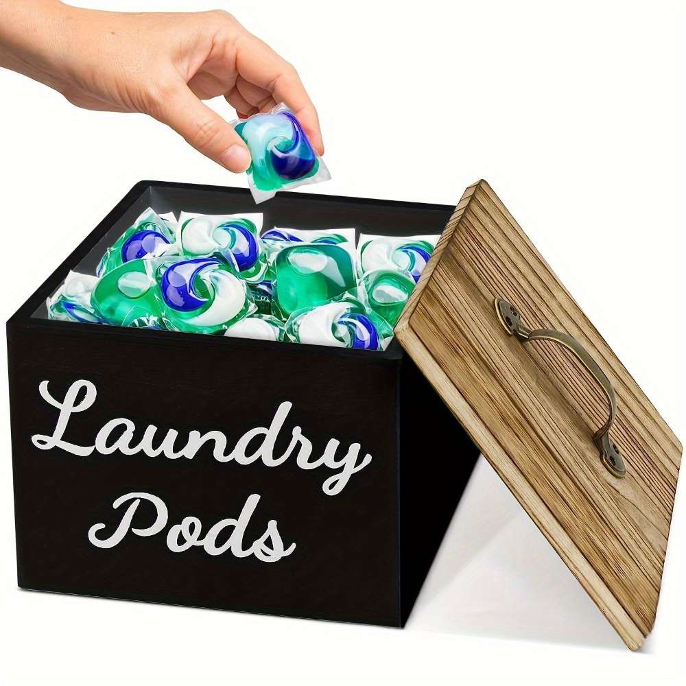 TEMU Rustic Solid Wood Laundry Pod Organizer Box - Storage For Dishes, Softener Pods & Bathroom Essentials, Compact Rectangular Design With Secure
