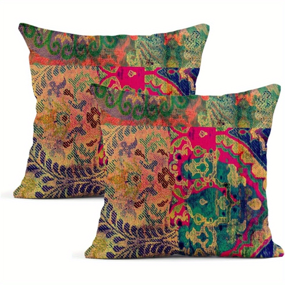 

2pcs Bohemian Abstract Throw Pillow Covers, 18x18 Inches - Zippered Polyester Cushion Cases For Sofa & Bed Decor