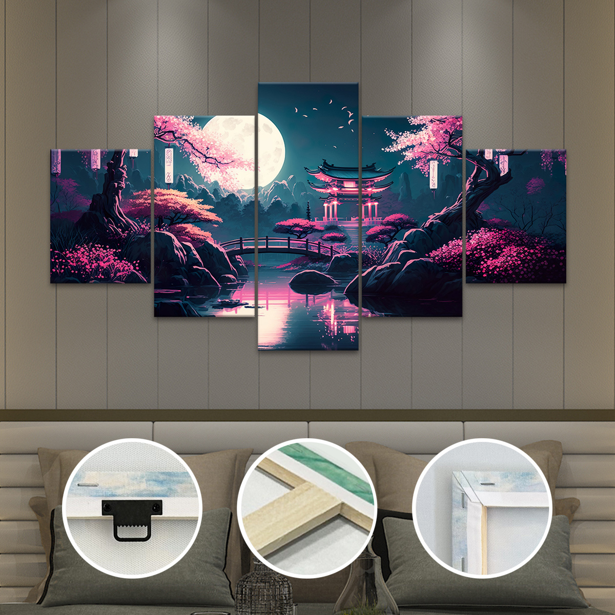 TEMU 2D Flach, [2D FLACH] 5 Stück Holzgerahmte Vintage Anime Landschaft Leinwand, Modischer Japan-Stil Poster, Kunst für Wohnungsdekoration, Muster