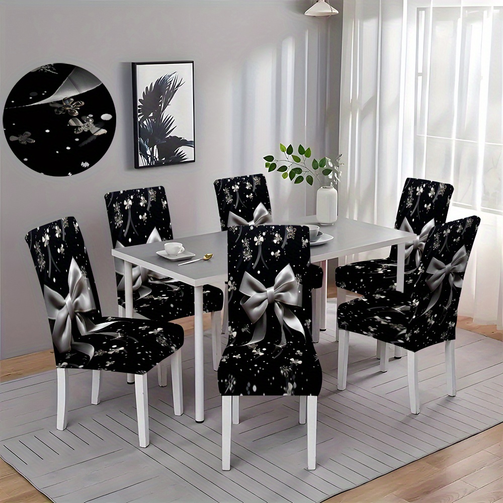 

2/4/6pcs Creative Bowknot Print Stretch Chair Covers, Dining Chair Slipcovers, Furniture Protector, For Home & Dining Room Decor, Oil & Stain Resistant, Polyester, , Machine Washable