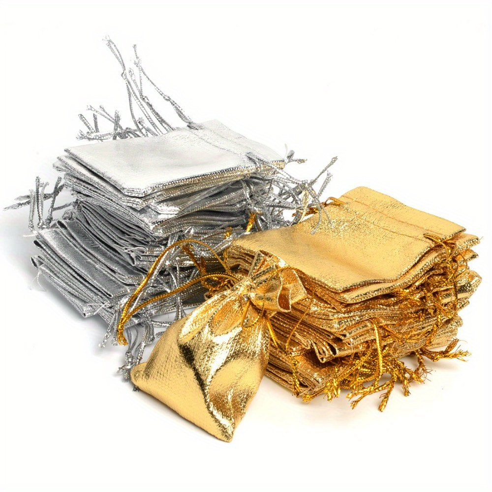 

50pcs Adjustable Golden & Silvery Jewelry Pouches - 7x9cm & 9x12cm Drawstring Gift Bags For Party Favors, Wedding Presents