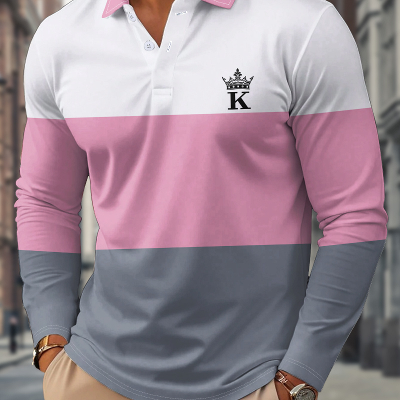 

Men' & Letter Pattern Color Blocking Golf Shirt For All , Casual Stylish Long Sleeve Top As Gift