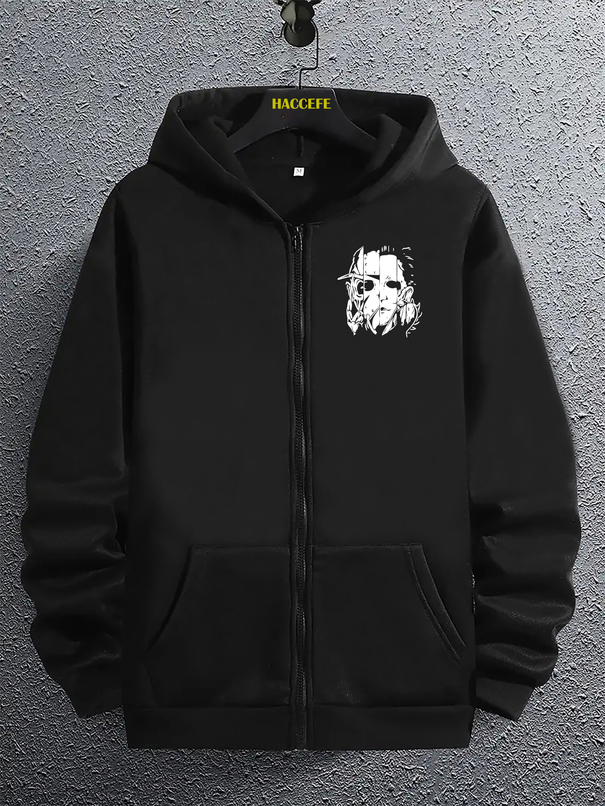 캐주얼 시크] 남성용 독특한 얼굴 프린트 지퍼업 후드티 - 회색 기하학 디자인, 긴 소매, 가벼운 폴리에스터, 세탁기 사용 가능, 스탠드 칼라
