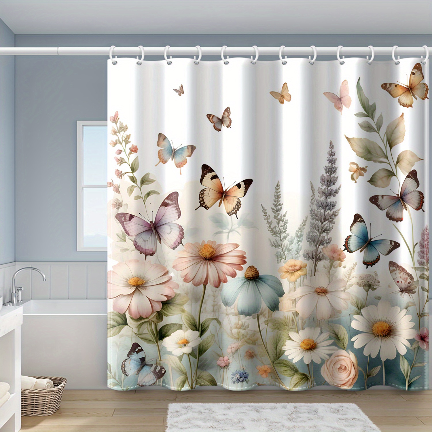 

1pc Butterfly Flower Printed Shower Curtain, Waterproof Polyester Fabric With Hooks, Windows And Walls Bathtub Bathroom Home Decoration Shower Curtain For All