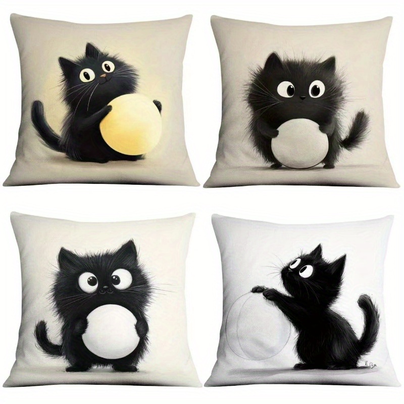 TEMU 4pcs Christmas Halloween Black Cat Decorative Throw Pillow Covers, Black Cat Animal Pillowcases, Artistic Fun And Stylish Design Decorative