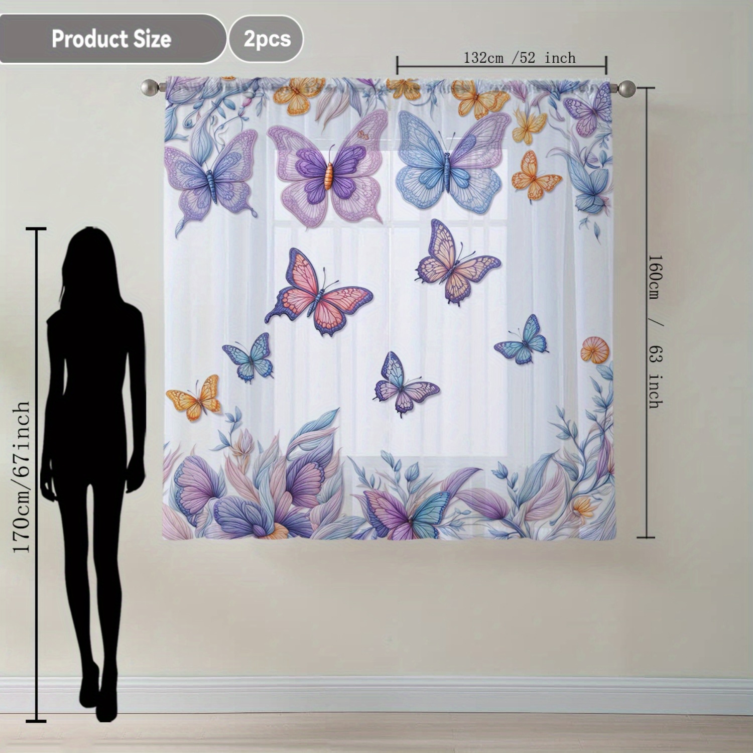 TEMU Launch 2pcs Home Decor Sheer Curtains With Purple Butterflies Fluttering, Elegant Window Drapes Suitable For Kitchen, Café, Living Room, Dining
