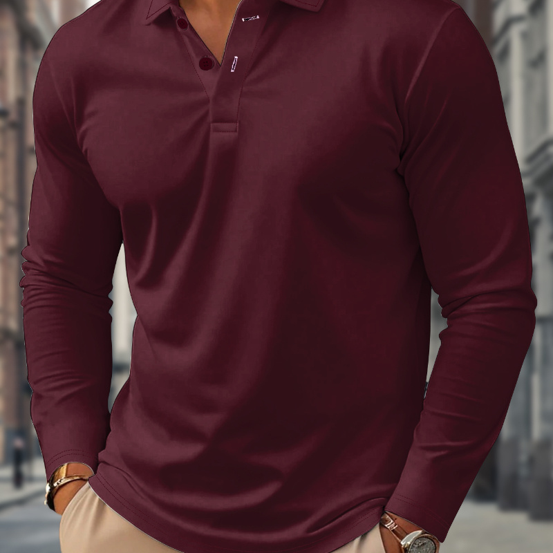 

Men's Casual Long Sleeve Polo Shirt - 100% Polyester Knit Fabric With Slight Stretch, Solid Color, Lapel Collar, Button Detail - Regular Fit