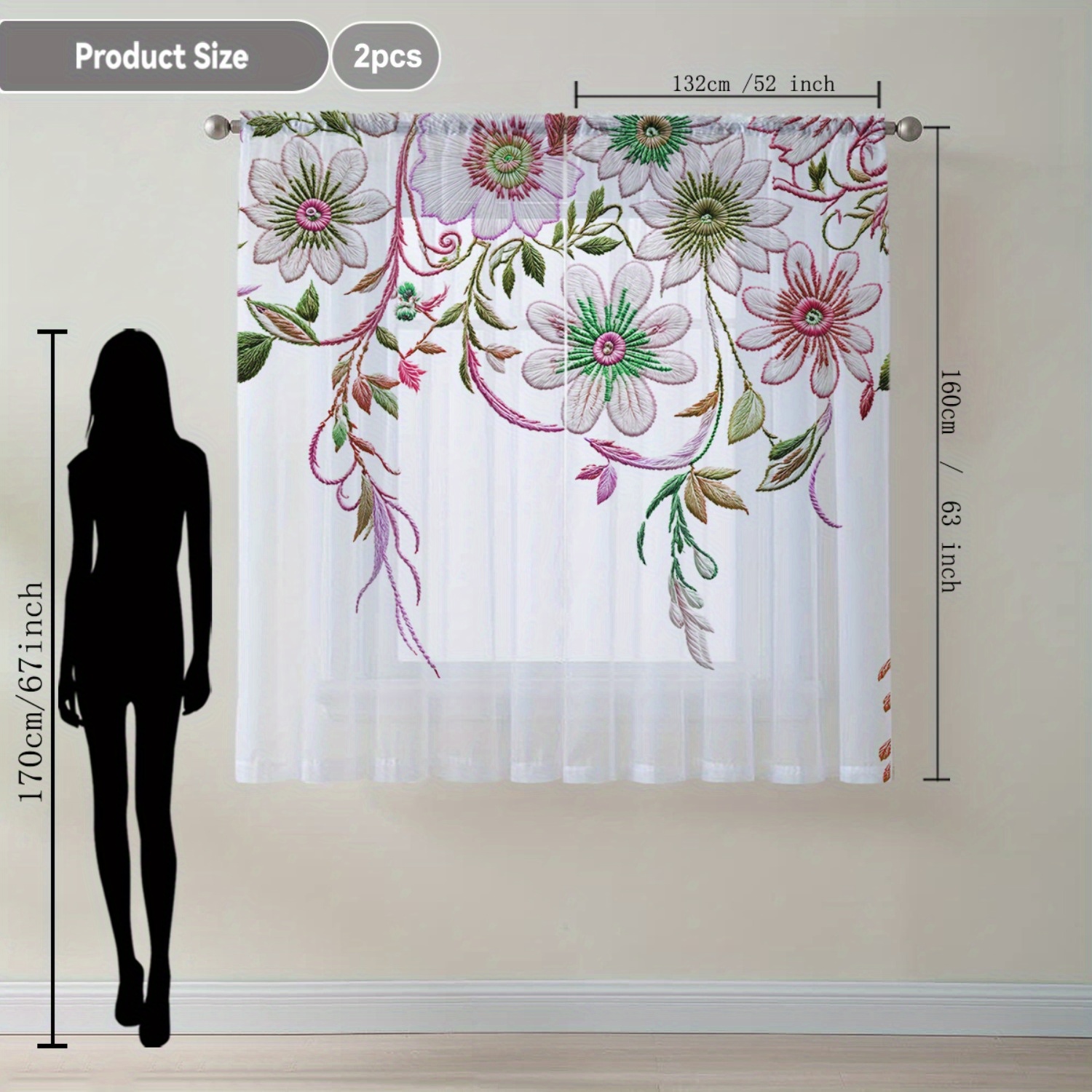 TEMU 2pcs Home Decoration Curtains, Red And Green Floral Flowing Window Curtains, Suitable For Kitchen, Coffee Shop, Living Room, Dining Room,