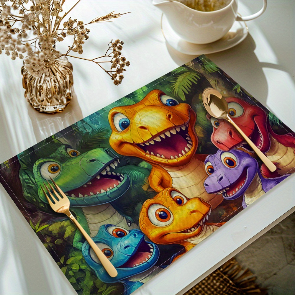 

Set Of 4 Cartoon Dinosaur Printed Place Mats - Home Polyester Table Mats, Rectangle, Woven, Washable, For Kitchen Dining Room Decor