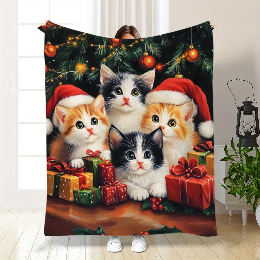 

Cozy Flannel Christmas Cat & Gift Print Blanket - Soft, Warm Throw For Couch, Bed, Car, Office, Camping - Gift