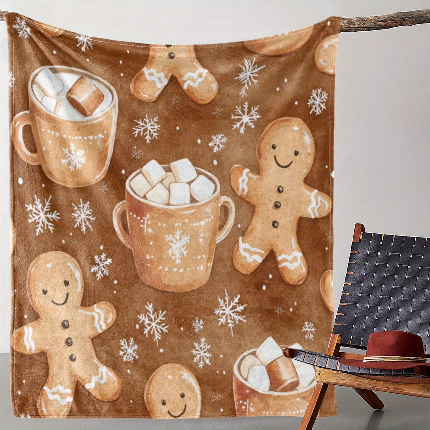 

Vintage Christmas Gingerbread Man & Snowflakes Printed Flannel Throw Blanket - Warm Knitted Polyester Bed Sofa Couch Office Camping Blanket, All Season Use