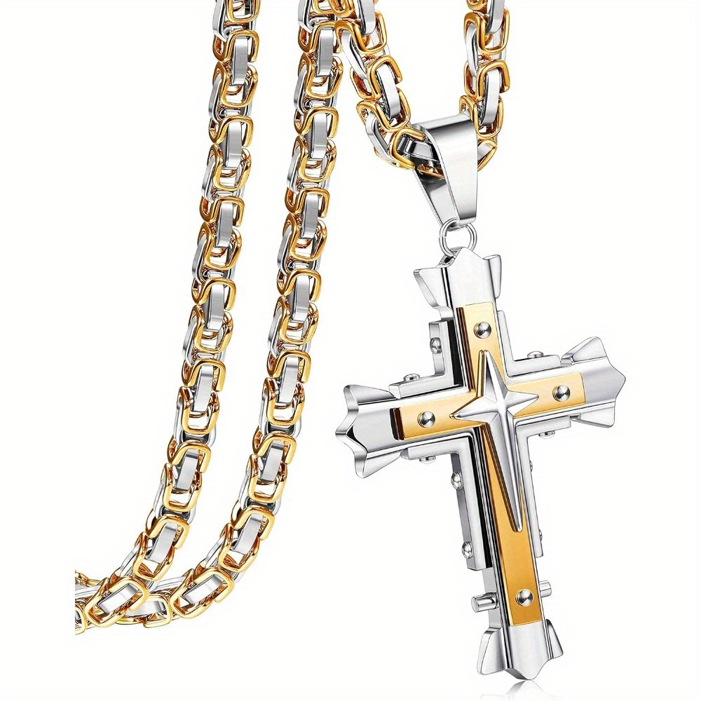 Image of 1pc 316l 316l 316l 316l Stainless Steel Cross Pendant Necklace For Men Woomen Byzantine Chain Necklace