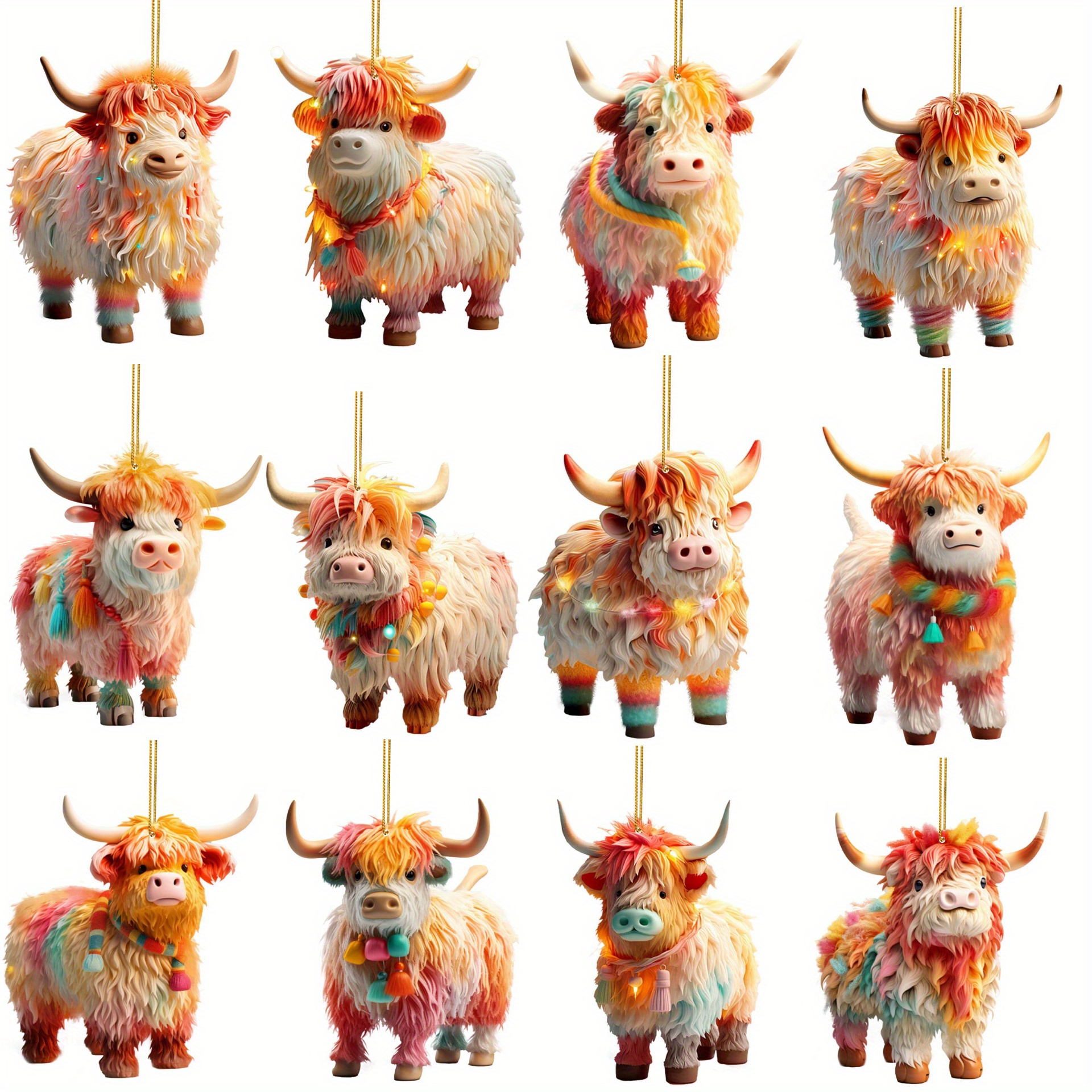 

12pcs Christmas Ornaments Highland Cow Decor Christmas Tree Decorations Cute Acrylic Cow Pendants Cartoon Cow Decorative