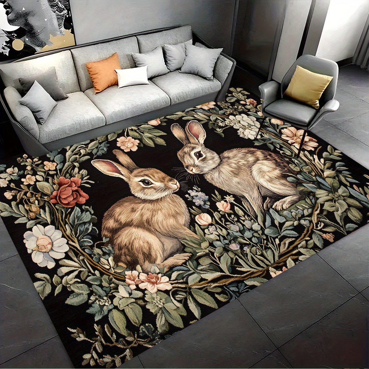 

Rabbit Floral Bath Rug - Soft Printed Carpet, Non-slip Bathroom Mat, Entryway Doormat, Suitable For Living Room, Bedroom, Laundry Room, Machine Washable Home Decor, Polyester Knit Fabric, 1pc