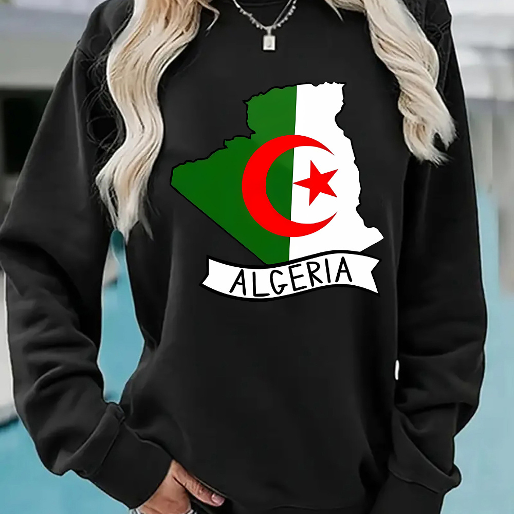 

de l'Algérie Imprimé Sweat à Manches Longues pour Femmes - Tissu Tricoté 100% Polyester - Décontracté Col Rond - Haut de pour Toutes les