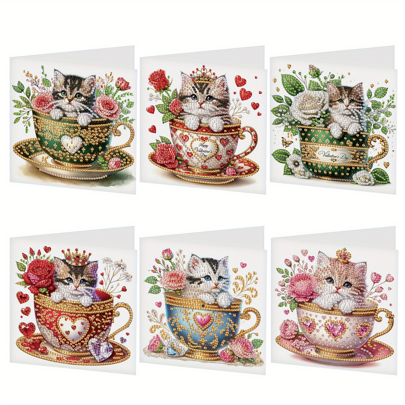 

6pcs Diy Diamond Art Painting Greeting Card Foldable Thank You Cards With Laser Effect Gift Folding Greeting Card Set For Birthday Christmas Crafts Gift (cat In Tea 30x15cm)