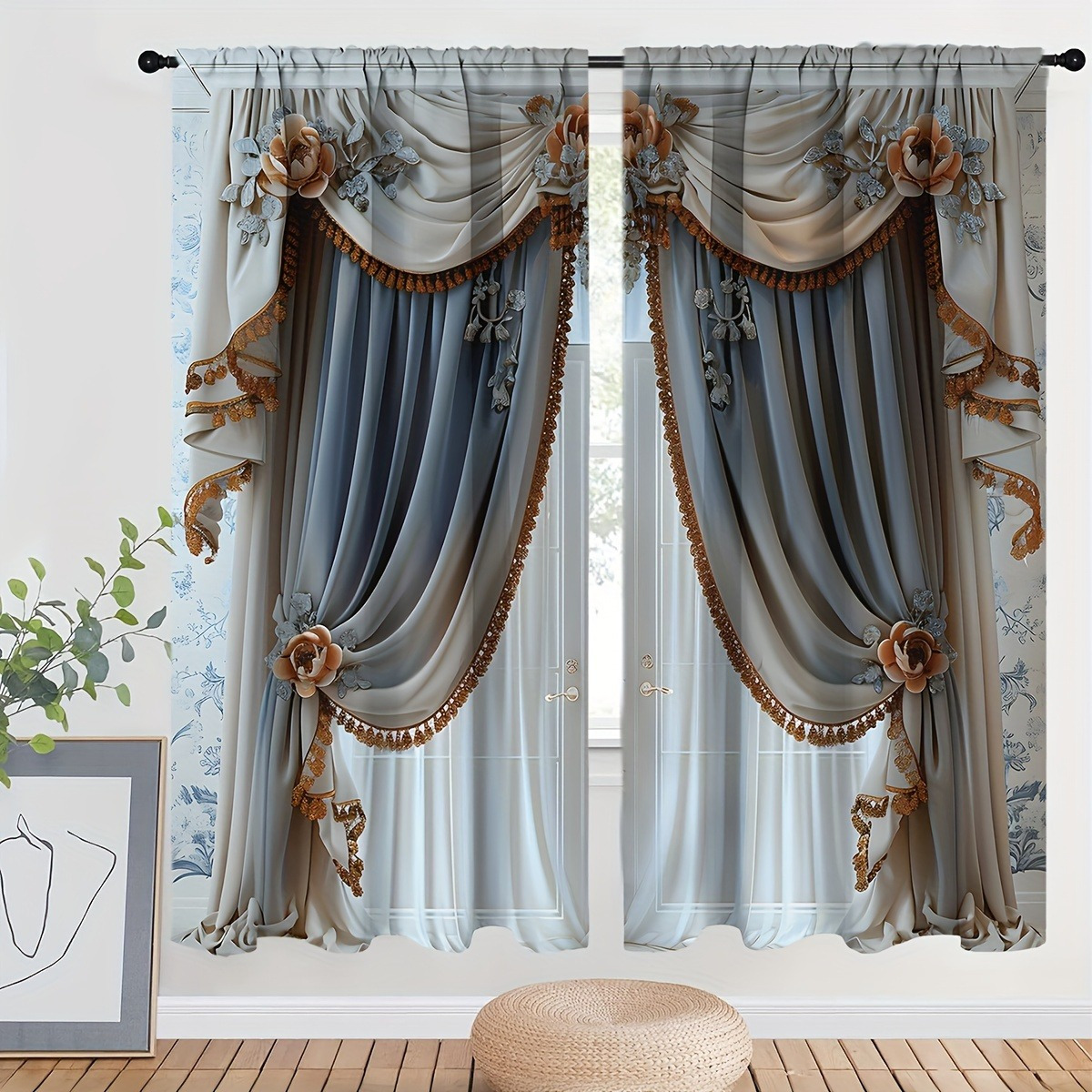 

Elegant Knit Polyester Dark Patterned Doorway Curtains 2pcs - Contemporary , Semi Transparent For Privacy & Style, Machine Washable, Pole Pocket Hanging - For Bedroom, Kitchen, Office, Living Room