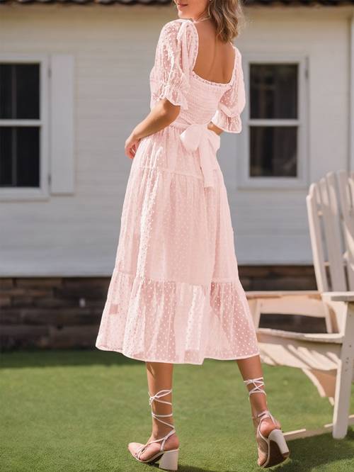 womens square neck puff sleeve boho midi dress dot ruffle tie back dress