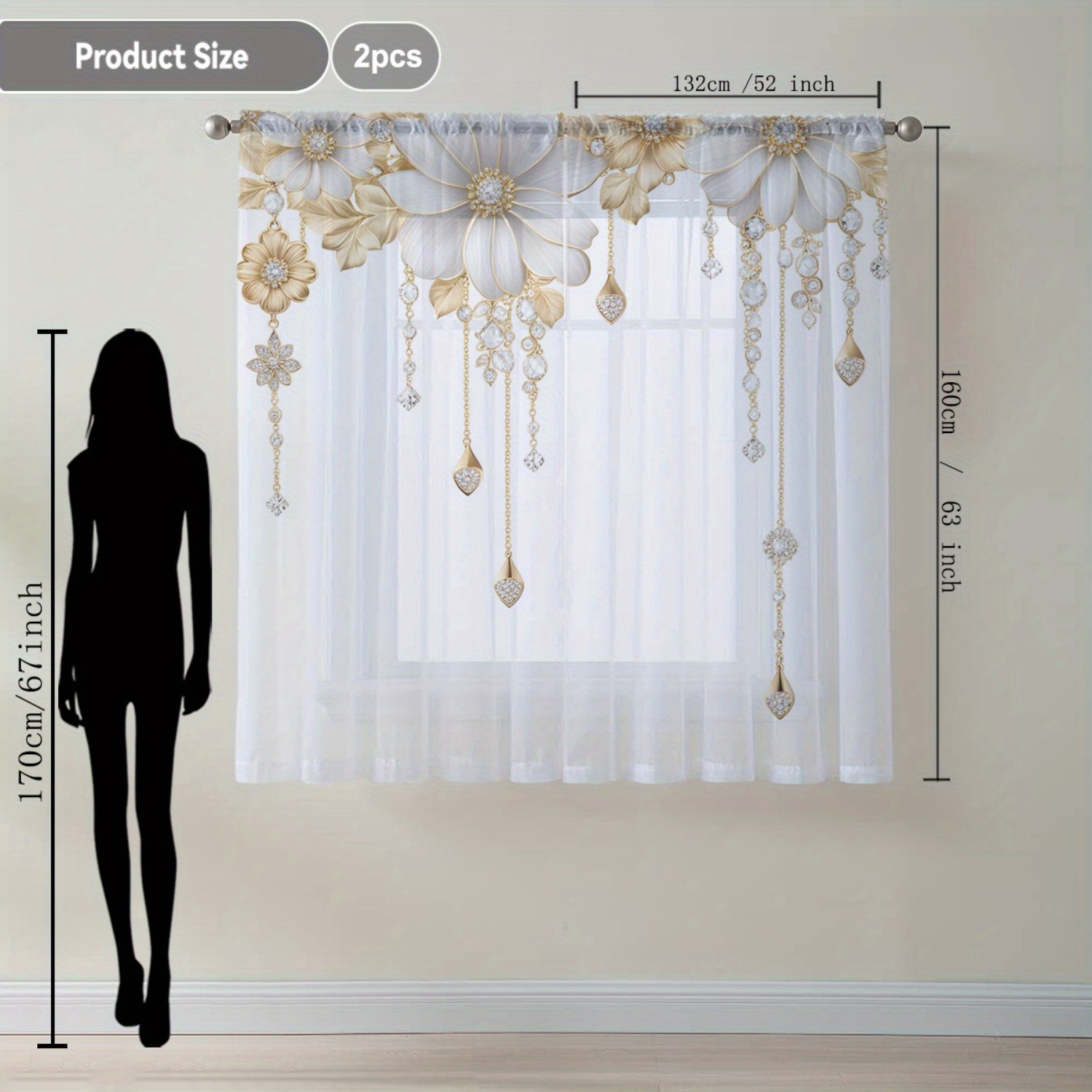 Image of 2pcs Home Decoration Curtain White Golden Gemstone Floating Window Curtain Suitable For Kitchen, Coffee Shop, Living Room, Dining Room, Balcony, Garden, Bedroom