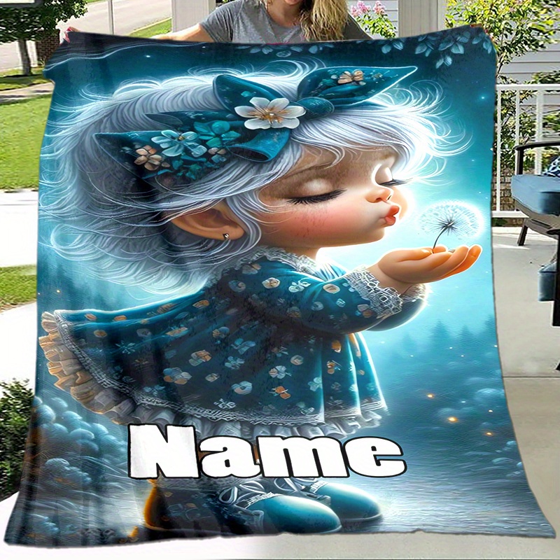 

Customizable Cute Girl Printed Throw Blanket - Contemporary Style, Xmax Soft Knitted Polyester, Personalized With Name, Cozy Flannel For Office, Home, Travel, Camping - Ideal Gift