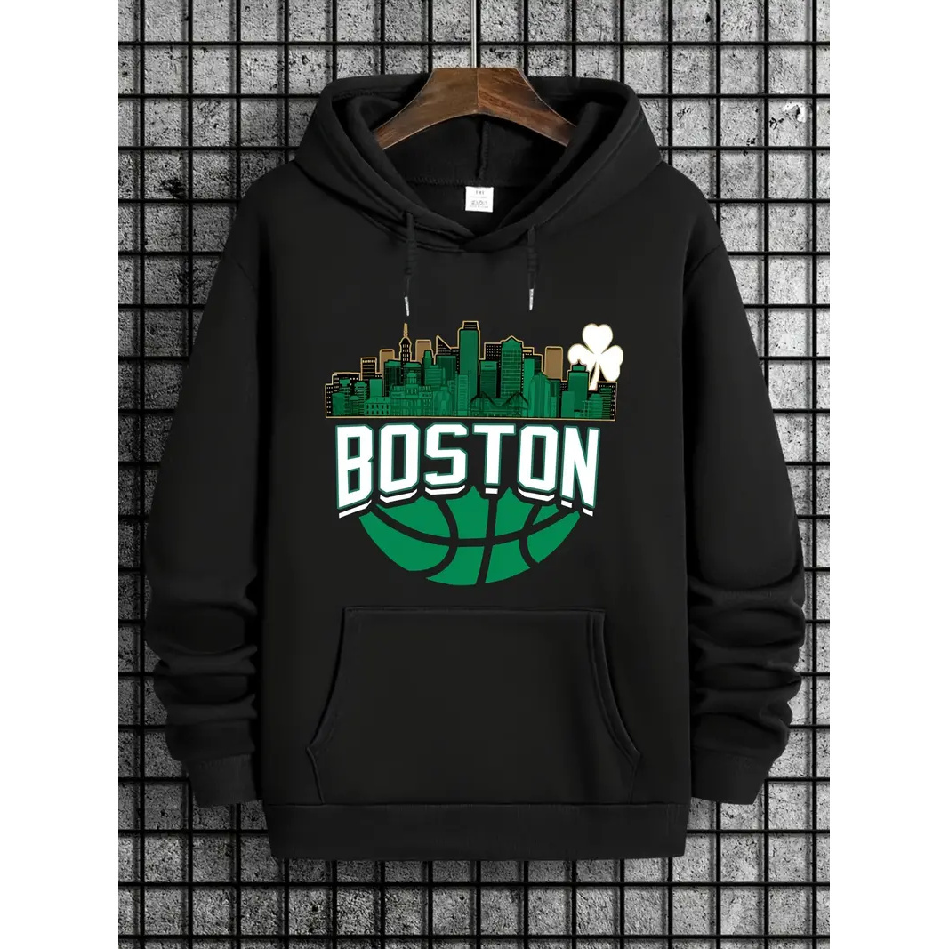 

Boston Basketball Graphic-print Men's Long-sleeved Hoodies, Sweatshirts With Hooded Straps And Kangaroo Pockets, Casual And Comfortable Tops For Autumn And Winter