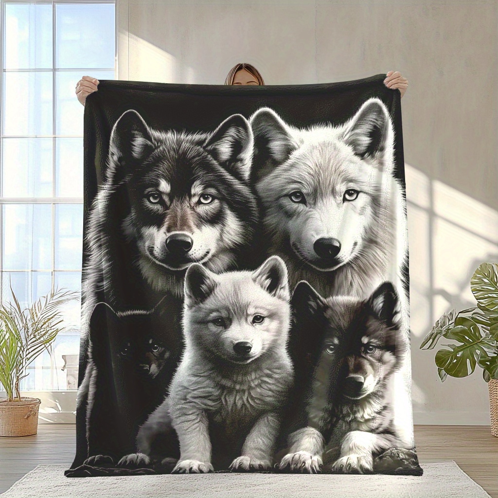 

Style Wolf Family Throw Blanket - Machine Washable, Knitted Polyester, , , Warm And Soft For Napping, Camping, Travel, Home Decor - Color