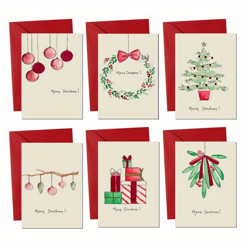 Image of Set Of 12 Christmas Cards Featuring 6 Distinct Designs, With 2 Cards For Each Design, Complete With Envelopes. Are Bulk Holiday Cards, Including Humorous Options, Packaged With Envelopes