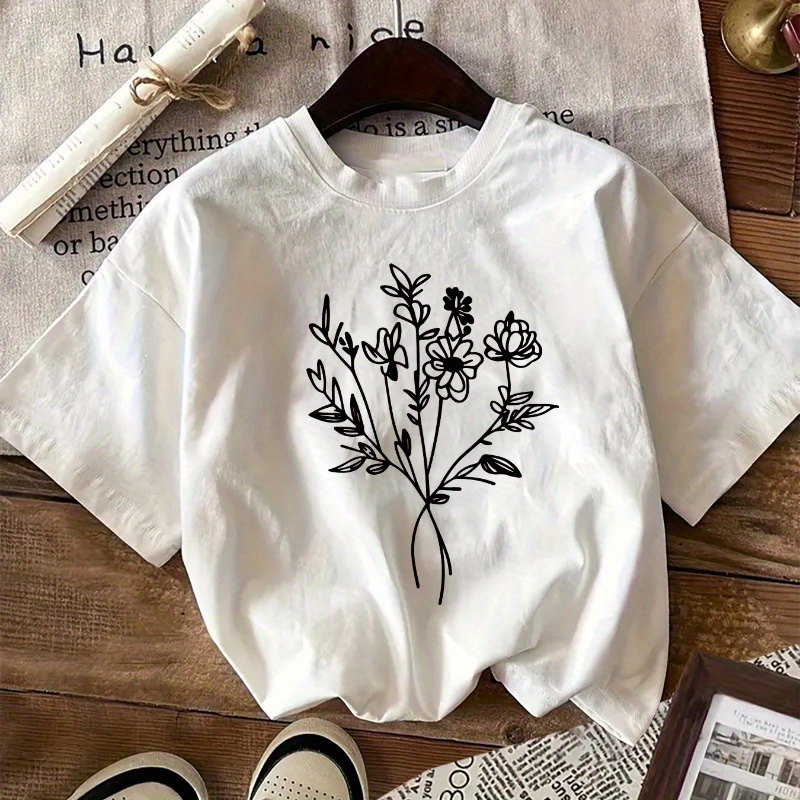 

Women's Casual Cotton Knit T-shirt With Floral Print - Crew Neck, Short Sleeve, Regular Length For All