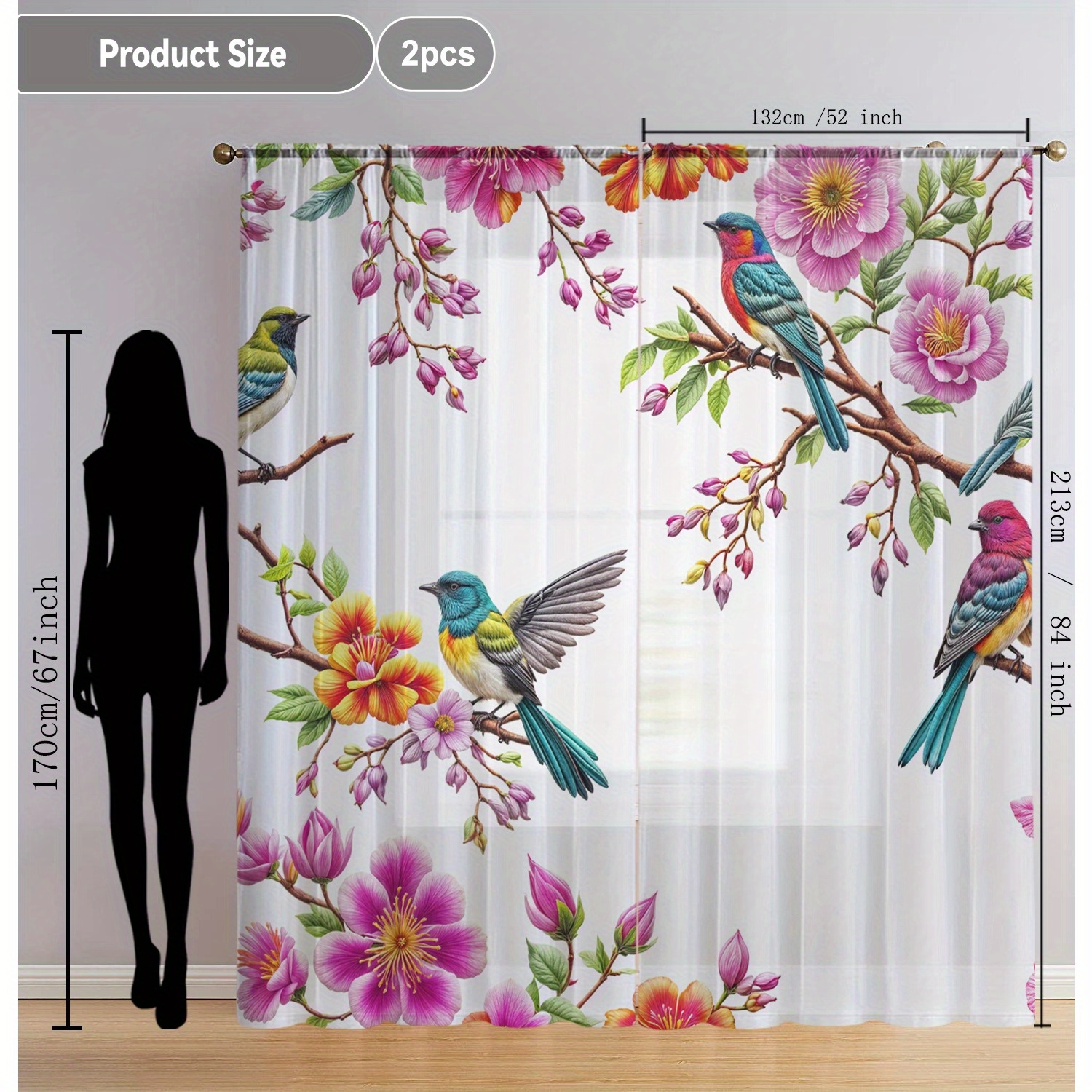 2pcs Home Decoration Curtain Decoration Floating Window Curtain Suitable For Kitchen, Coffee Shop, Living Room, Dining Room, Balcony, Garden, Bedroom
