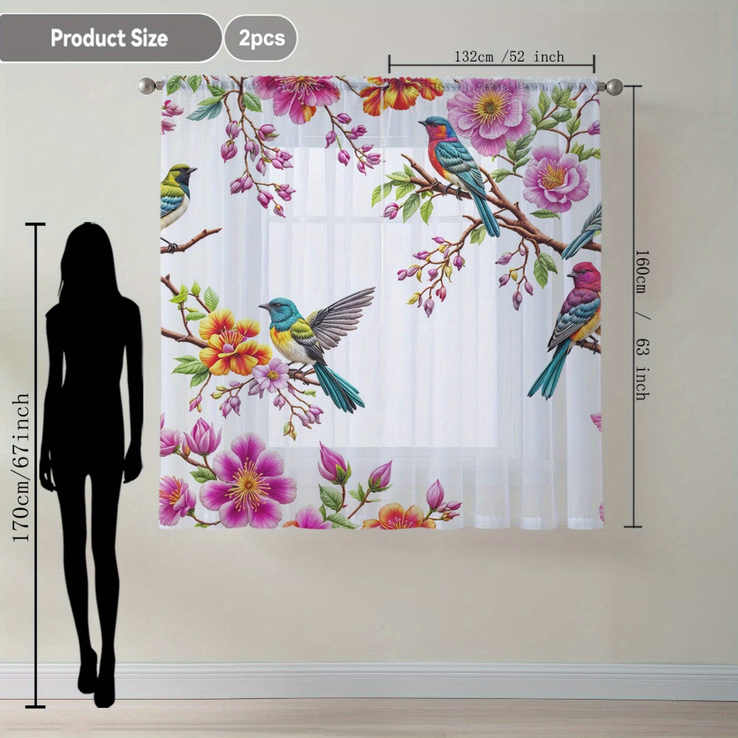 Image of 2pcs Home Decoration Curtain Decoration Floating Window Curtain Suitable For Kitchen, Coffee Shop, Living Room, Dining Room, Balcony, Garden, Bedroom