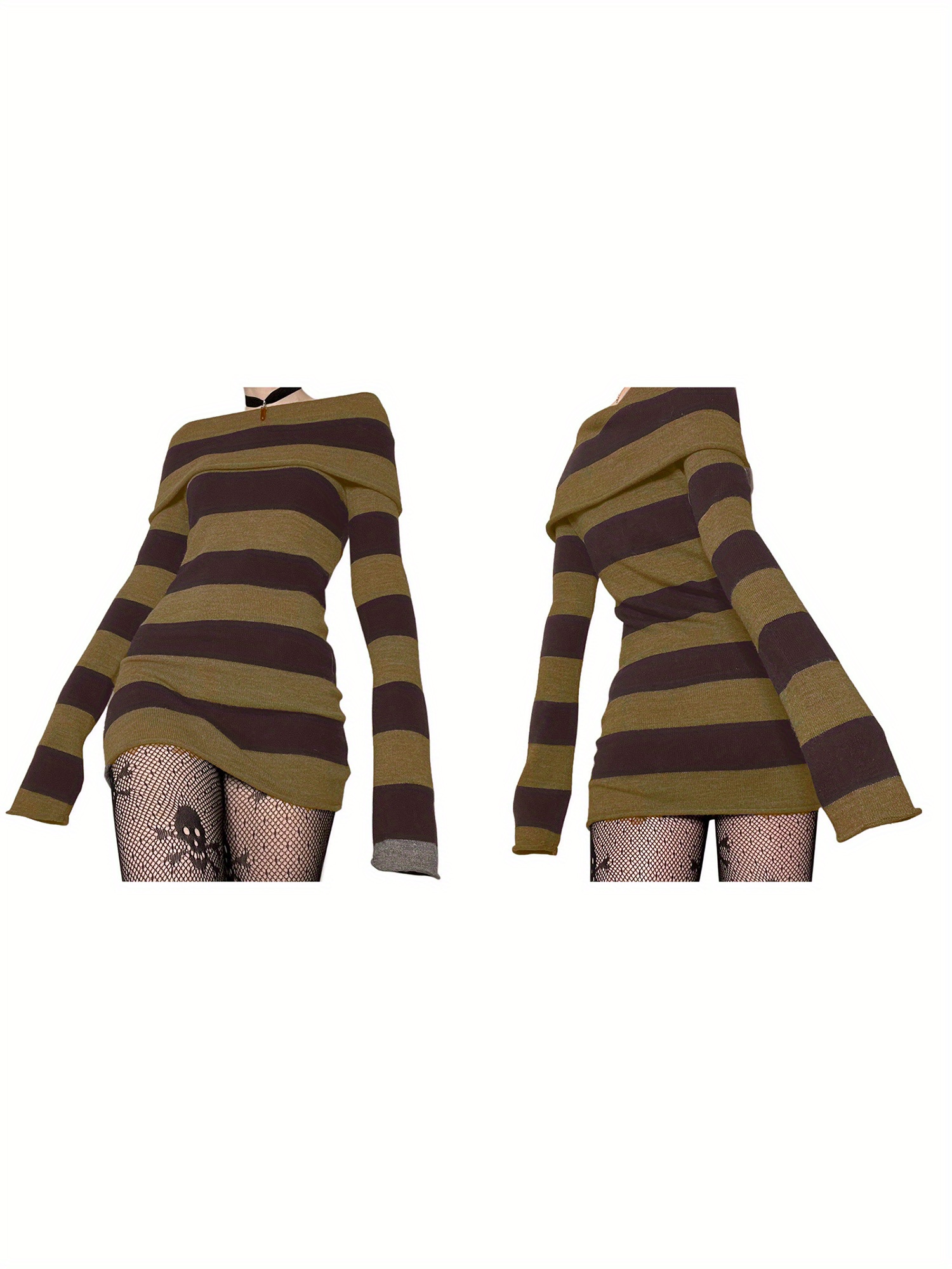 Women's Off-Shoulder Striped Knit Mini Dress - Long Sleeve, Bodycon Fit,  Autumn Fashion, Red and Gray, Elegant Long Sleeve Knit Dress